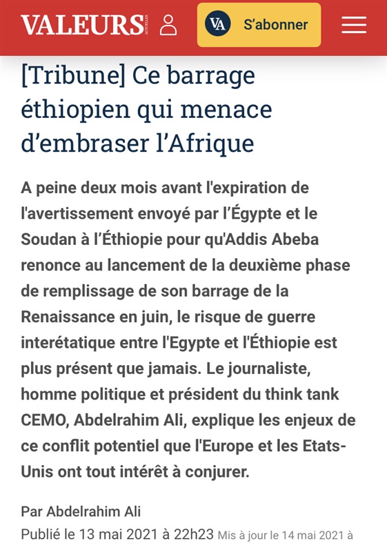 Abdelrahim Ali au site Valeurs actuelles : Ce barrage éthiopien qui menace d’embraser l’Afrique