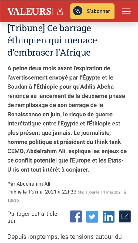 Abdelrahim Ali au site Valeurs actuelles : Ce barrage éthiopien qui menace d’embraser l’Afrique